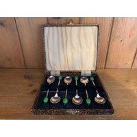 Poons, Kaffeebohnen Löffel Set Mit 6 Vintage Grünen Kaffeelöffeln, Kaffee, Löffeln, Löffeln von MWBantiques