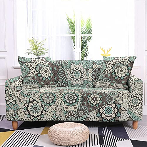 Couchbezug, Retro Grüne Mandala Blume Geometrisches Nahtmuster Boho Stretch Rutschfeste Knitterfreie Couchabdeckung Für Universalleder Refurbish Anti-Katzenhunde-Haustier-Kratzschutz, 2Sitzer (140 von MWMG