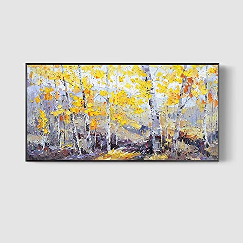 MWMG Ölbilder Auf Leinwand Handgemalt,Weiße Birke Waldstamm Gelbes Blatt Natur Pflanze Spachtel Textur Große Ölgemälde Kunst Moderne Abstrakte Kunstwerke Leinwand Wandkunst Gemälde Wohnzimmer Schla von MWMG
