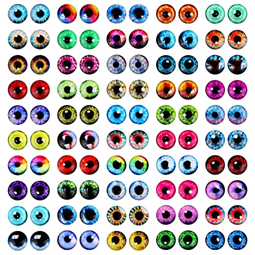 MWOOT 100 Stück 12MM Glasaugen Glas Drachenauge Kit, Dragon Eyes Glass Cabochon Eyes, 50 Stil Tieraugen Mensch Glas Puppenaugen für DIY Puppen Scrapbooking Schmuckkreationen Halloween Handwerk Zubehör von MWOOT