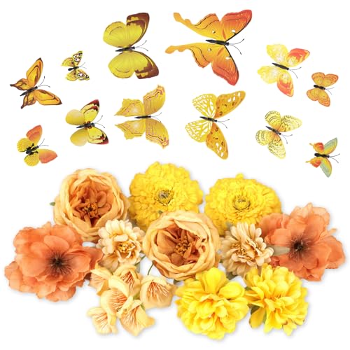 MWOOT 12 Stück Kunstblumen, Künstliche Blumen Set für Hochzeitssträuße Tischdekoration Abschlusskappe Babyparty Deko, Gelb Kunstrosenköpfe mit Schmetterlingsticker von MWOOT