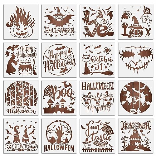 MWOOT 16 Stück Halloween Schablonen zum Malen auf Holz, Halloween Stencils, Wiederverwendbare DIY Malvorlage Gnome Kürbis Design, Malen von Schablonen für Kunsthandwerk Wandkunst Dekoration (20x20CM) von MWOOT