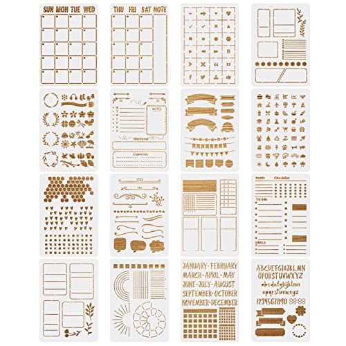 MWOOT 16 Stück Tagebuch Schablonen Journal Stencils Set, Wiederverwendbares Planer Malerei Vorlage Bemalen Zubehör, DIY Schablone zum Malen an der Wand Zeitplan Scrapbooking Dekoration (21x14.8CM) von MWOOT