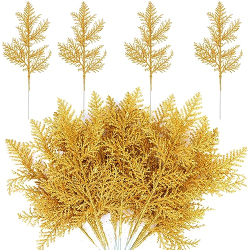 MWOOT 16 Stück Weihnachten Künstliche Kiefernblätter, Gold Glitzer künstliche Tannennadeln, Gefälschte Kiefernzweige DIY Zubehör für DIY Girlande Kranz Weihnachtsbaum Blumenstrauß Haus Garten Décor von MWOOT