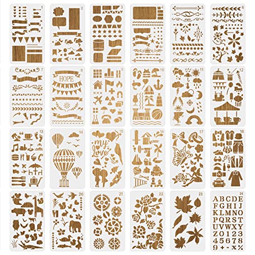 MWOOT 24 Stück Tagebuch Schablonen Journal Stencils Set, Wiederverwendbares Malerei Vorlage Bemalen Zubehör, DIY Schablone zum Malen an Scrapbooking Planer Notizbuch Wand Dekoration (17.8x10.4CM) von MWOOT