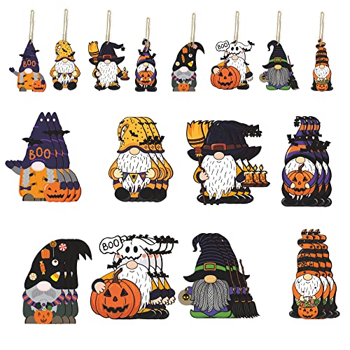 MWOOT 24 Stücke Halloween Hängende Hölzerne Ornamente für Baumschmuck, GNOME Wooden Hanging Ornaments mit Fledermaus Spinne Design, Dwarf Holz Tags mit Seilen für Party Home Türdekoration (8 Styles) von MWOOT