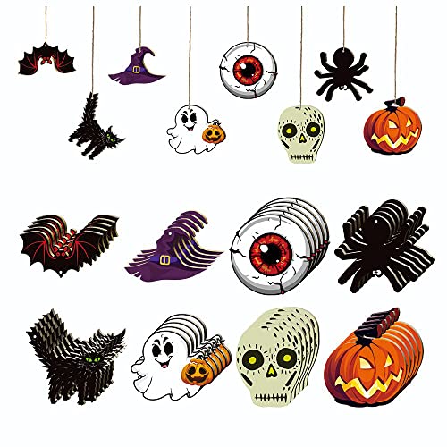 MWOOT 24 Stücke Halloween Hölzerne Hängende Ornamente für Baumschmuck, Halloween Wooden Hanging Ornaments mit Kürbis Spinnen Design, Halloween Holzanhänger mit Seilen für Party Dekoration (8 Styles) von MWOOT