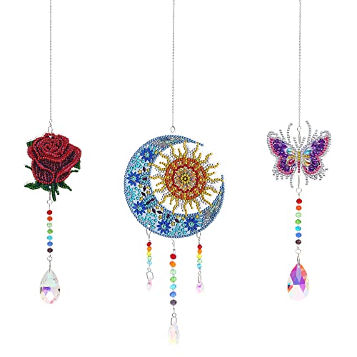 MWOOT 3 Stück Diamant Malerei Windspiele,Diamond Art Painting Wind Chimes Suncatcher,Kristall Sonnenfänger Hängende Verzierung Set für Fenster Haus Garten Dekoration(Schmetterling+Rose+Mond) von MWOOT