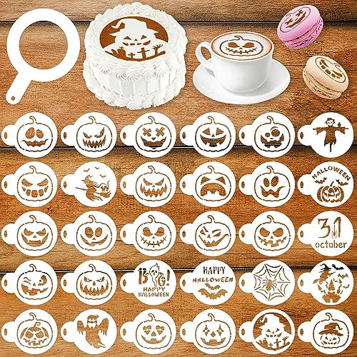 MWOOT 30 Stücke Halloween Kaffee Schablonen Cookie Stencils,Gemischtes Kürbisgesicht Painting Stencils Templates,Backvorlagen für Halloween Decor DIY Bastelarbeiten,Torten Schablone Torte Templates von MWOOT