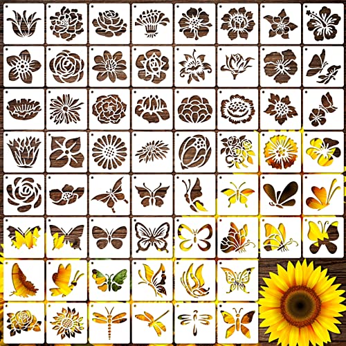 MWOOT 60 Stück Blume Schmetterling Malerei Schablonen Satz,DIY Wiederverwendbare Flower Zeichnung Painting Stencils,Drawing Template für Scrapbooking Leinwand Möbel Handwerk Dekoration(7.62x7.62cm) von MWOOT