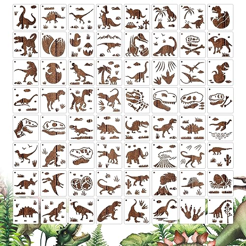 MWOOT 64 Stück Dinosaurier Schablonen Stencils Set, Wiederverwendbares Malerei Vorlage Bemalen, DIY Dinosaur Schablone zum Malen an Wand, Geschenkkarte, Kleidung, Steine Dekoration (7.6x7.6cm) von MWOOT