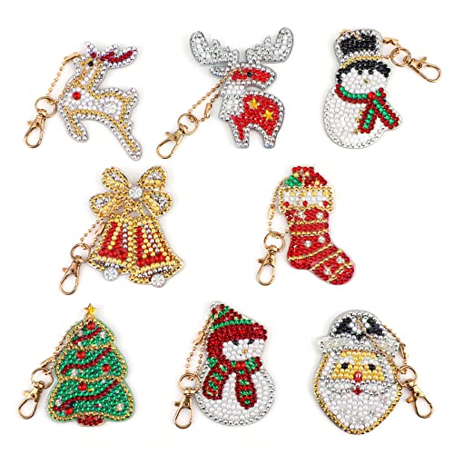 MWOOT 8 Stück 5D DIY Weihnachten Diamant Malerei Schlüsselbund, Christmas Schneemann Doppelseitig Full Drill Diamond Pasted Painting Keychain Strass Bilder Zubehör für Kinder Damen Rucksack Dekoration von MWOOT