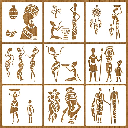 MWOOT 9 Stücke Afrikanischer Stamm Schablone, Wiederverwendbare DIY Schablonen Vintage, African Tribal Painting Stencils für Scrapbooking, Stein, Wand Dekoration, Schablonen für Kinder (20 x 20 cm) von MWOOT