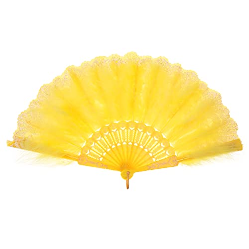 MWOOT Marabou Federfächer, 1920er Jahre Vintage Faltbar Handheld Handfächer, 20er Jahre Gestickte Blume Folding Feather Fan für Hochzeit Halloween Tanzen Show Tee Party Kostüm Dekoration - Gelb von MWOOT