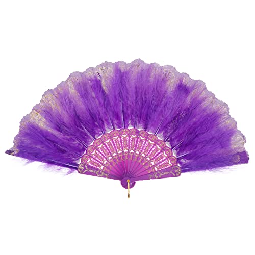 MWOOT Marabou Federfächer, 1920er Jahre Vintage Faltbar Handheld Handfächer, 20er Jahre Gestickte Blume Folding Feather Fan für Hochzeit Halloween Tanzen Show Tee Party Kostüm Dekoration - Lila von MWOOT