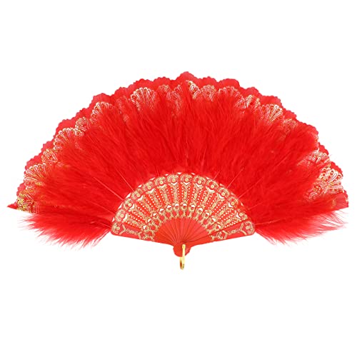 MWOOT Marabou Federfächer, 1920er Jahre Vintage Faltbar Handheld Handfächer, 20er Jahre Gestickte Blume Folding Feather Fan für Hochzeit Halloween Tanzen Show Tee Party Kostüm Dekoration - Rot von MWOOT