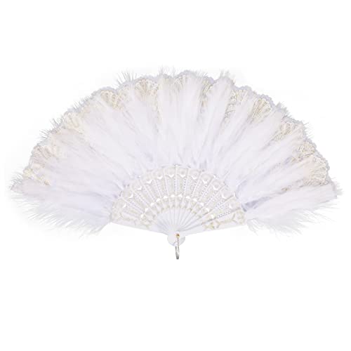 MWOOT Marabou Federfächer, 1920er Jahre Vintage Faltbar Handheld Handfächer, 20er Jahre Gestickte Blume Folding Feather Fan für Hochzeit Halloween Tanzen Show Tee Party Kostüm Dekoration - Weiß von MWOOT