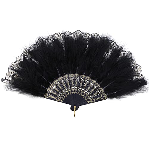 Mwoot Damen Fächer Feder, Embroidered Flower Marabou Feather Fan, 1920s Vintage Style Folding Handheld Feather Fan, Flapper Hand Fan for Costume Halloween Dancing Wedding Party Prom Tea Party - Black von MWOOT