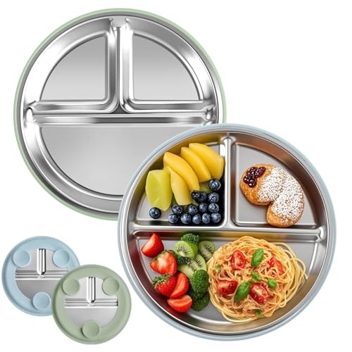 MWRWRR 2 Stück Babyteller mit Saugnapf, 23CM Edelstahl Kinderteller mit Rutschfesten Saugnäpfen, Geteilte Kinder Teller mit abnehmbaren für Kinder BPA-frei Unzerbrechliches (Grün + Blau) von MWRWRR