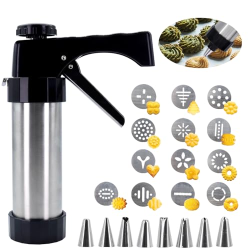 Gebäckpresse, Edelstahl Gebäckpresse Gebäckspritze, Plätzchenpresse Kekspresse Garnierspritze Set Mit 8 Schablonen Und 13 Tüllen, Tragbar Keksmaschine Backspritze DIY Backzubehör Für Teig Kuchen Kekse von MWRWRR