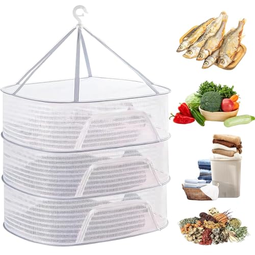 Hängendes Trockennetz Mit Reißverschluss,3-Lagiges Trockennetz Kräuter,Mesh Trockennetz,Faltbar Kräutertrockner Mit Reißverschlüssen für Trocknen Von Samen Fisch Gemüse Obst Kräuter (Weiß) von MWRWRR