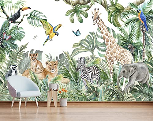 MWSSEGGE Vliestapete, Dschungeltiere, Giraffe, Elefant, Löwe, Poster, Fototapete, für Wohnzimmer, Schlafzimmer, Kinderzimmer, Wanddekoration (366 x 254 cm) von MWSSEGGE