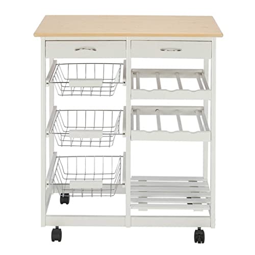 MWUCAIXIA Beweglicher Küchenwagen mit zwei Schubladen, zwei Weinregalen und drei Körben, Weiß, mit Trolleywagen zum Essen (OneColor 1 Stück) von MWUCAIXIA