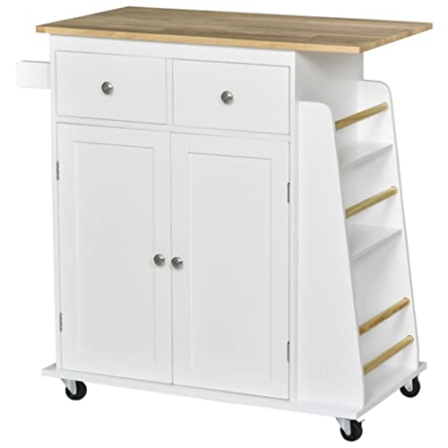MWUCAIXIA Rollbarer Kücheninsel-Aufbewahrungswagen mit 3-stöckigem Gewürzregal und Gummiholzplatte für Esszimmer, 89 x 45 x 89,5 cm, Weiß (D wie abgebildet) von MWUCAIXIA