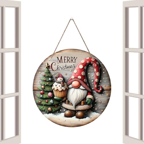 MWZBTG Frohe Weihnachten Haustürschild,Wichtel Haustürschild - Rundes Baummuster Frohe Weihnachten Holzwandschild | Willkommens-Wandschild mit Zwergenbaummuster für Haustüren von MWZBTG