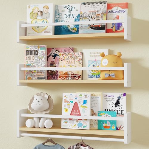 MXCSE Schwebende Regale für Kinderzimmer, Wand-Bücherregal, 3er-Set, hängende Bücherregale für Kinderzimmer, Wandregale für Jungen und Mädchen, Babyzimmer-Dekor, Spielzeugaufbewahrung (Weiß & Holz MXCSE Schwebende Regale für Kinderzimmer, Wand-Bücherregal, 3er-Set, hängende Bücherregale für Kinderzimmer, Wandregale für Jungen und Mädchen, Babyzimmer-Dekor, Spielzeugaufbewahrung (Weiß & Holz von MXCSE