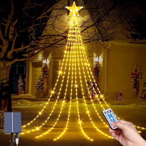 LED Weihnachtsbeleuchtung Außen, LED Solar Weihnachtsbaum Lichterkette, 9*2M 8 Modi 198 LEDs Außen Wasserdicht Christbaumbeleuchtung mit Sterne Fernbedienung für Party, Fest, Weihnachtsbaumdekoration von MXJFYY