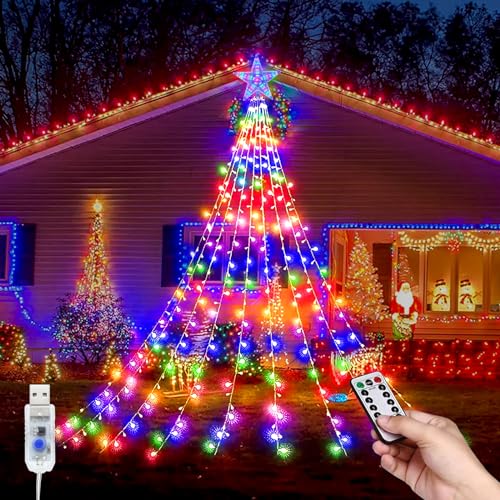 LED Weihnachtsbeleuchtung Außen, LED USB Weihnachtsbaum Lichterkette, 9*2M 8 Modi 198 LEDs Außen Wasserdicht Christbaumbeleuchtung mit Sterne Fernbedienung für Party, Fest, Weihnachtsbaumdekoration von MXJFYY