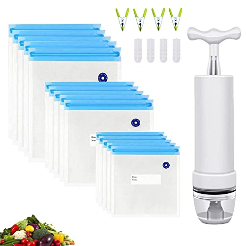 MXJFYY Sous Vide Beutel 15 Stück Wiederverwendbare Vakuum Lebensmittellagerbeutel mit 1 Handpumpe, 4 Verschlussklammern und 4 Sous Vide-Clips zur Aufbewahrung von Lebensmitteln von MXJFYY