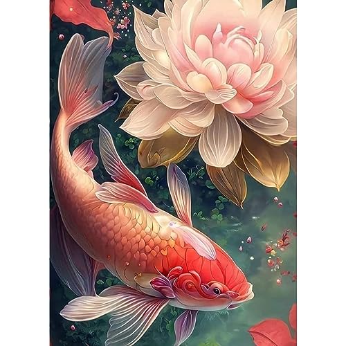 MXJSUA 5D Diamond Painting Set für Erwachsene, Koi und Lotus Diamant Painting Bilder als Geschenk, Diamond Painting Zubehör Kits für Home Deco (30x40cm) von MXJSUA