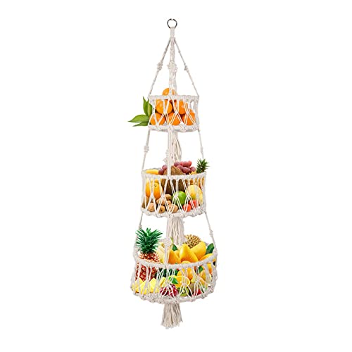 MXMZSRTH Hängendes Gemüseregal 3 stufe Makramee Hängen Obstkorb Hängende Korb for Obst- und Gemüseaufbewahrung Küche Aufbewahrungskorb Makramee Hängende Dekoration Indoor Pflanzeraufhänger von MXMZSRTH