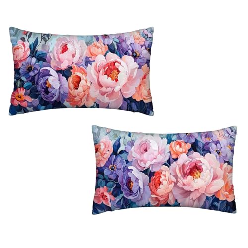Kissenbezug 25x50 Blume 2er Set Samt Kissenbezug Pfingstrose Sofakissen Weiche Kissenhülle Quadratische Dekokissen Zierkissenbezug mit Unsichtbarem ReißVerschluss für Sofa Wohnzimmer Schlafzimmer F-42 von MXRUOO