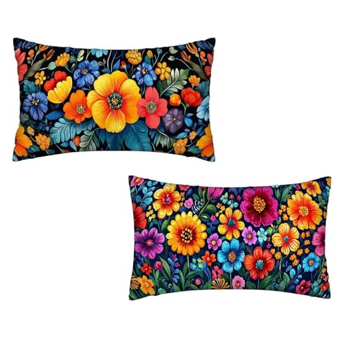 Kissenbezug 30x50 Bunt 2er Set Samt Kissenbezug Blume Sofakissen Weiche Kissenhülle Quadratische Dekokissen Zierkissenbezug mit Unsichtbarem ReißVerschluss für Sofa Couch Wohnzimmer Schlafzimmer J-70 von MXRUOO