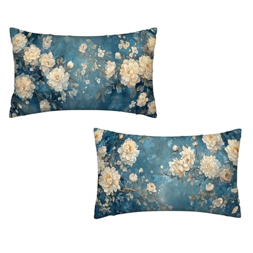 Kissenbezug 40x80 Blau 2er Set Samt Kissenbezug Blume Sofakissen Weiche Kissenhülle Quadratische Dekokissen Zierkissenbezug mit Unsichtbarem ReißVerschluss für Sofa Couch Wohnzimmer Schlafzimmer K-73 von MXRUOO
