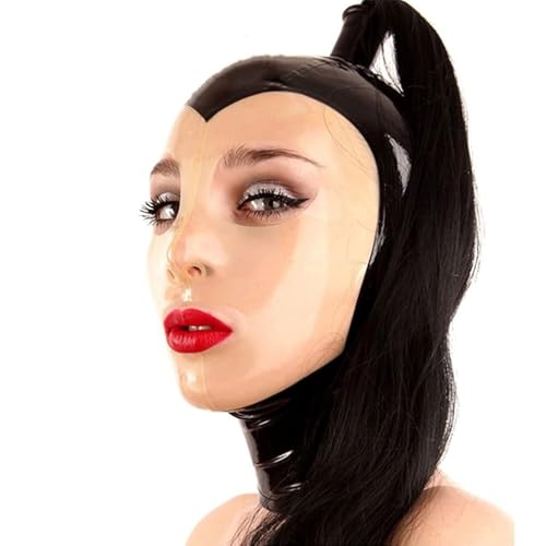 MXRYSQY Schwarze Latex Maske mit schwarzer Pferdeschwanz Perücke, Gummimaske mit Reißverschluss hinten(Size:M-57CM) von MXRYSQY