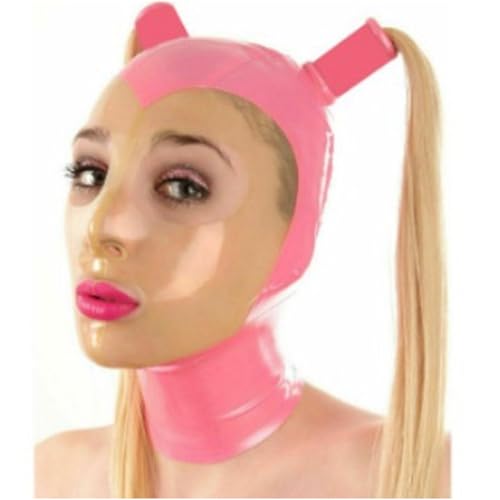 Pink Transparent Mask Sexy Latex Full Face Mask Cosplay With Zip Wig with Double Ponytail Safe Waterproof(Size:L-68CM) von MXRYSQY