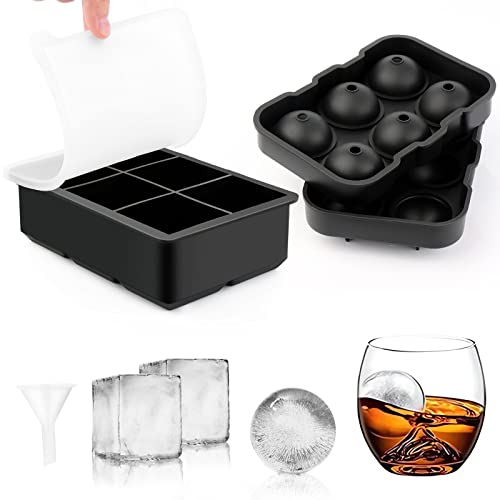 2-Set Eiswürfelform Silikon mit Deckel Eiswürfel Form Eiswürfelbehälter Kugel Große Eiswürfelform Eiswürfelformen mit Trichter für Whisky Cocktails Schokolade,Bpa Frei, Schwarz von MXTIMWAN