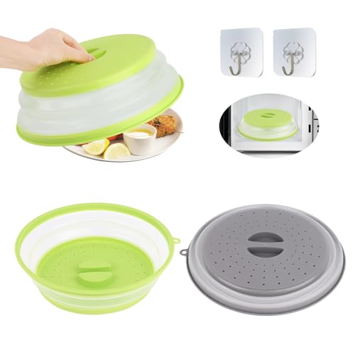 2 Stück Faltbare Mikrowellen Abdeckung Ø 26.5cm, MXTIMWAN Faltbare Microwave Cover mit Haken Abdeckhaube für Mikrowellendeckel BPA-frei Filterkorb mit Dampflöchern für Obst und Gemüse (Grau+grün) von MXTIMWAN
