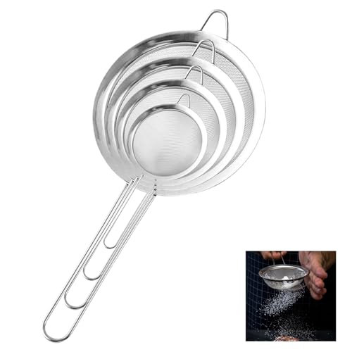 4 Stück Küchensieb Set, MXTIMWAN Küchensieb Edelstahl mit Verstärktem Griff, 7/10/14/18cm Sieb Feinmaschig Küchensieb Set Rostfreiem Edelstahl Strainer Stainless Steel with Reinforced Handle von MXTIMWAN