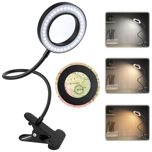 5X Lupe mit Licht, 3 Modi & 10 Dimmstufen, Klemmleuchte für Büro Heimgebrauch, Schwanenhals Klemmlampe, für Lesen, Reisen, Schlafzimmer, Büro von MXTIMWAN
