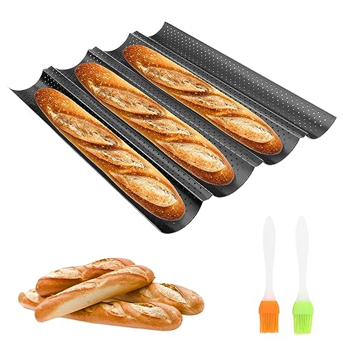 MXTIMWAN Baguette Backform, Backblech für Baguette Backform für 4 Baguettes, Baguetteform Baguette-Backblech mit Antihaftbeschichtung, Backform Gelocht Baguetteblech Brötchen mit 4 Mulden von MXTIMWAN