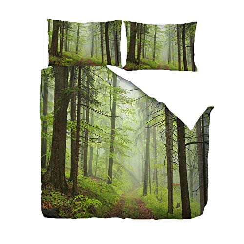 Grün Bettwäsche-Set 140x200cm Wald Landschaft Muster Mikrofaser Bettbezug Set mit 2 Kissenbezüge Weich und atmungsaktiv Hypoallergen mit Reißverschluss von MXXHS