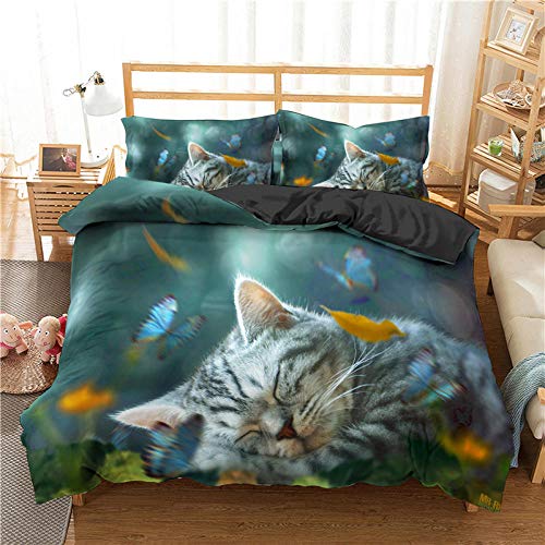 MXYHDZ Bettlaken Betttuch Atmungsaktiv Matratze Cover 135 x 200 cm Blau Katze Schmetterling Tier 3D Theme Muster Bettbezug und Kissenbezug Easy Care Kinder Jungen Teenager Männer Bettwäsche von MXYHDZ