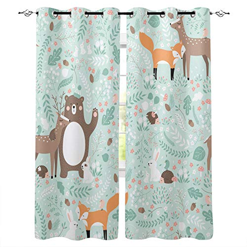 MXYHDZ Blickdicht Vorhang für Schlafzimmer - Blau Cartoon Bär Hirsch Fuchs - 3D Druckmuster Öse Thermisch isoliert - 140 x 160 cm - 90% Blickdicht Vorhang für Kinder Jungen Mädchen Spielzimmer von MXYHDZ