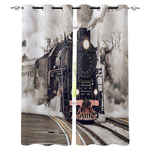 MXYHDZ Blickdicht Vorhang für Schlafzimmer - Retro Eisenbahn Zug Landschaft - 3D Druckmuster Öse Thermisch isoliert - 140 x 160 cm - 90% Blickdicht Vorhang für Kinder Jungen Mädchen Spielzimmer von MXYHDZ