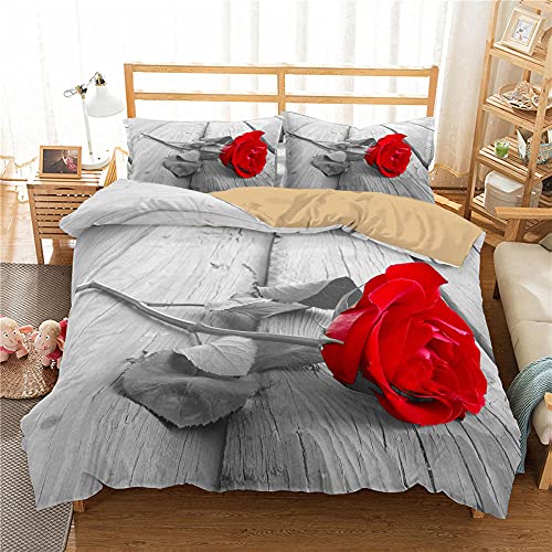 MXYHDZ Superweiches Bettbezug Set, Bettwäsche Mikrofaser 3 teilig 200 x 200 cm Rot Mode Blume Rose 100% Atmungsaktive Angenehme Mikrofaser Bettwäsche weiche Flauschige Bettbezüge mit Reißverschluss von MXYHDZ